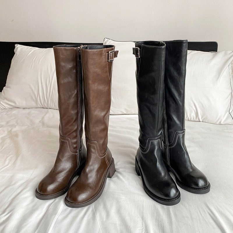 Thick Bottom Soft Leather Pleated Retro Boots Knight Women'S Boots Widened Fleece-Lined Plus Size Women'S Shoes 41-43 - Image 2